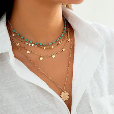 4Pcs Boho Stone Flower Necklace Set