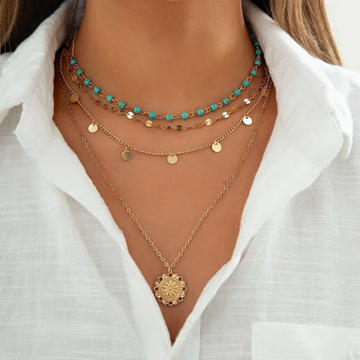 4Pcs Boho Stone Flower Necklace Set